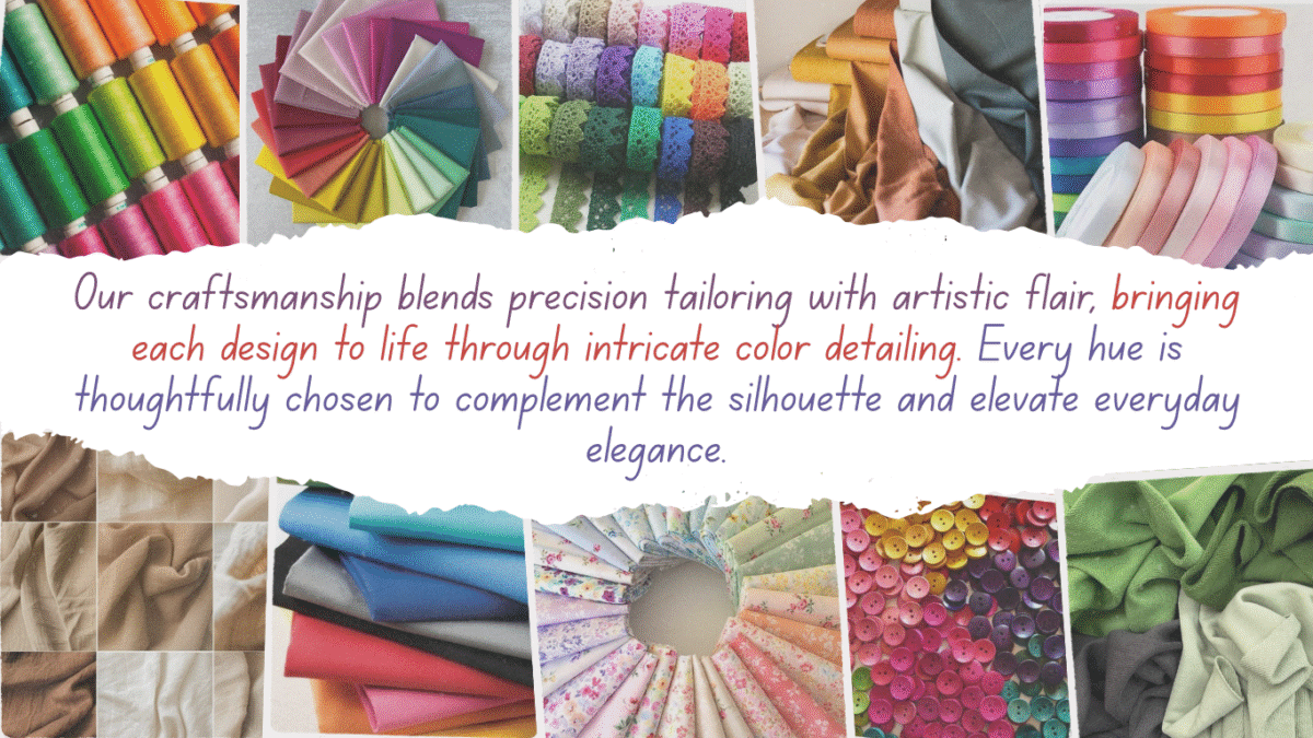 Our craftsmanship blends precision tailoring with artistic flair, bringing each design to life through intricate color detailing. Every hue is thoughtfully chosen to complement the silhouette and